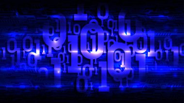 Soyut devre kartının karanlık arka planı üzerine mavi matris ikili kodu, soyut fütüristik siber alemde dijital kod, bulut depolama, büyük veri, yapay zeka, iot, vektör illüstrasyon