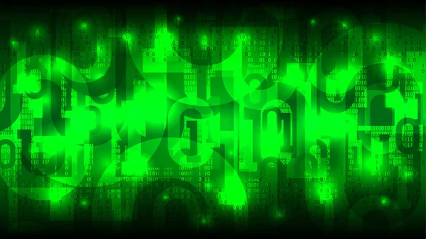 Abstraktní futuristický a zářící kyberprostor s binárním kódem, zelené maticové pozadí s číslicemi, mrak velkých dat — Stockový vektor