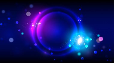 Parti arka plan, neon parlayan daireler, parlak parçacıklar, parıltılar ve bokeh, vektör illüstrasyon ile koyu mavi arka plan üzerinde soyut parlak yuvarlak çerçeve