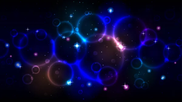 Lehké kruhy v temné noci hvězdnaté nebe, abstraktní vícebarevné pozadí s kruhy, jiskříčky bokeh a hvězdy — Stockový vektor