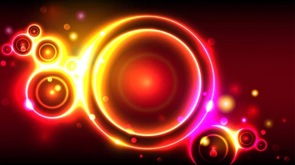 Fondo brillante del partido, círculos brillantes calientes del neón, marco redondo multicolor abstracto, bokeh — Vector de stock
