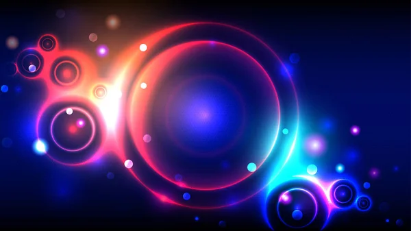 Lumineux fond de parti, néon cercles lumineux, cadre rond multicolore abstrait, bokeh — Image vectorielle