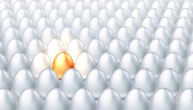 Sıradan beyaz yumurta kalabalığın içinde özel altın yumurta, yaratıcılık kavramı, ayrıcalık, başarı. Parlak bireysellik, eşsiz başarılı kişi. Vektör çizimi