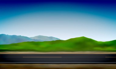 Bir yol yan görünümü, yol kenarı, tepelerde yeşil çayır ve açık mavi gökyüzü arka plan, vektör illüstrasyon
