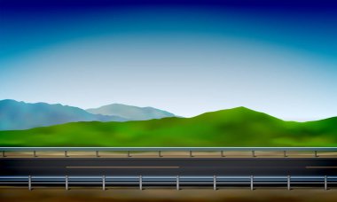 Bir çarpışma bariyeri ile bir yol yan görünümü, yol kenarı, tepelerde yeşil çayır ve açık mavi gökyüzü arka plan, vektör illüstrasyon