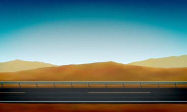 Bir çarpışma bariyeri ile bir yol yan görünümü, yol kenarı, kum tepeleri ve berrak mavi gökyüzü arka plan ile çöl, vektör illüstrasyon