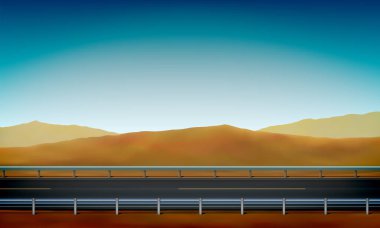 Bir çarpışma bariyeri ile bir yol yan görünümü, yol kenarı, kum tepeleri ve berrak mavi gökyüzü arka plan ile çöl, vektör illüstrasyon
