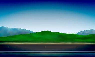 Bir yol yan görünümü, yol kenarı, tepelerde yeşil çayır ve açık mavi gökyüzü arka plan, vektör illüstrasyon