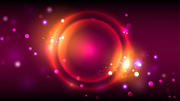 Parteihintergrund, neongoldene leuchtende Kreise, abstrakter heller runder Rahmen auf dunklem magenta-rotem Hintergrund, Vektor — Stockvektor