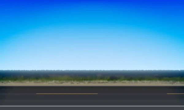 Vista lateral de una carretera, pradera verde al lado de la carretera y fondo de cielo azul claro, ilustración vectorial — Vector de stock