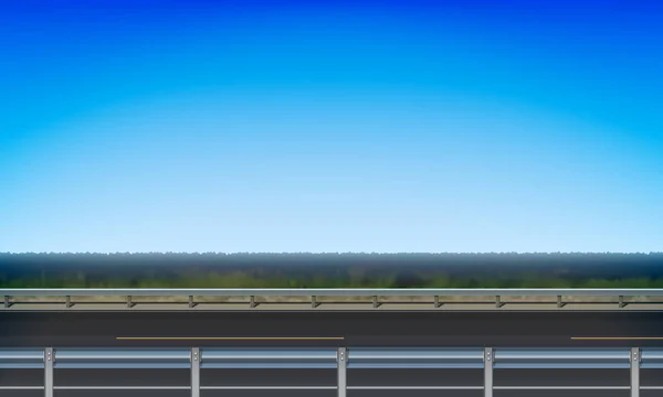 Vista lateral de una carretera con una barrera de choque, pradera verde al lado de la carretera y fondo de cielo azul claro, ilustración vectorial — Vector de stock