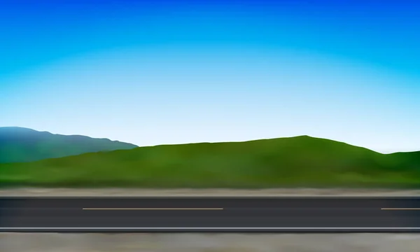 Seitenansicht einer Straße, Straßenrand, grüne Wiese in den Hügeln und klarer blauer Himmelshintergrund, Vektorillustration — Stockvektor