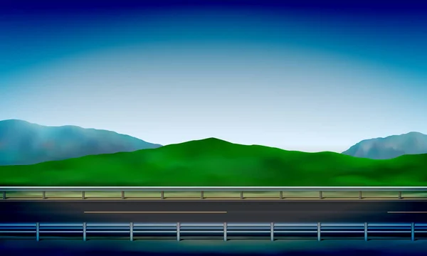 Vista lateral de una carretera con una barrera de choque, borde de la carretera, prado verde en las colinas y fondo de cielo azul claro, ilustración vectorial — Vector de stock