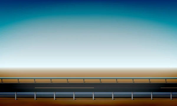Vista lateral de la carretera con una barrera de choque, horizonte recto desierto y fondo cielo azul claro, carretera, ilustración de vectores — Vector de stock