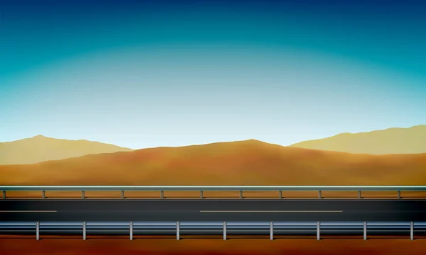 Vista laterale di una strada con una barriera di sicurezza, bordo strada, deserto con dune di sabbia e sfondo cielo azzurro chiaro, illustrazione vettoriale — Vettoriale Stock