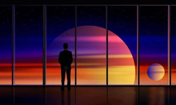 Empresário parado à janela a olhar para fora. O homem olha para o belo espaço com planetas fora da janela. Conceito de exploração espacial, inovação, negócios. Ilustração vetorial — Vetor de Stock