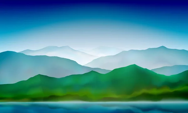 Montaña lago paisaje, colorido fondo de la naturaleza. Montaña azul verdes colinas paisaje. Fondo vectorial . — Vector de stock