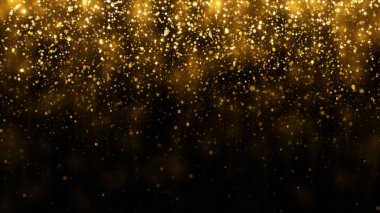 Düşen altın glitter parçacıkları ile arka plan. Sihirli ışıkla düşen altın konfeti. Güzel ışık arka plan