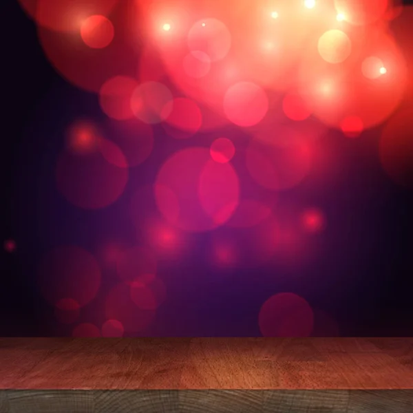 Wooden stage top table with blurred bokeh background, empty wooden table with a festive background — Stock Photo, Image