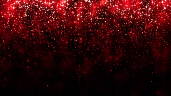 Fondo rojo con partículas de brillo que caen. Hermoso fondo brillante festivo. Bokeh de partículas brillantes cayendo con luz mágica. Día de San Valentín — Foto de Stock
