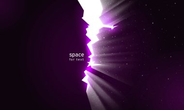 Stars and light in space from cracks in wall. Dark broken wall glow portal into universe. Dark background with crack continuum space for impressive design. Place for text, vector illustration clipart
