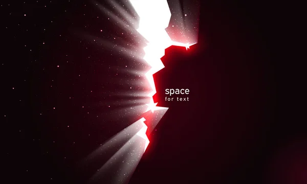 Luz y estrellas en el espacio de grietas en la pared. Portal de resplandor de pared rota oscura en el universo espacial. Fondo oscuro con continuidad de grieta para un diseño impresionante. Ilustración vectorial, lugar para el texto — Vector de stock