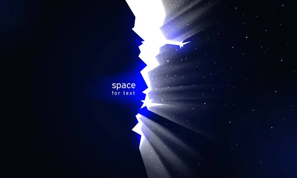 Hvězdy a světlo v prostoru od trhlin ve stěně. Temná rozbitá stěna, brána do vesmíru. Tmavé pozadí se štěrbinou v prostoru pro působivý design. Místo pro text, vektorovou ilustraci — Stockový vektor
