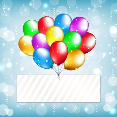 Renkli balonlar ve etiket ile Parti arka plan. Metin için yer ile mutlu yıllar kartı. Bokeh arka planda ışık etiketli çok renkli balonlar. Vektör tebrik kartı