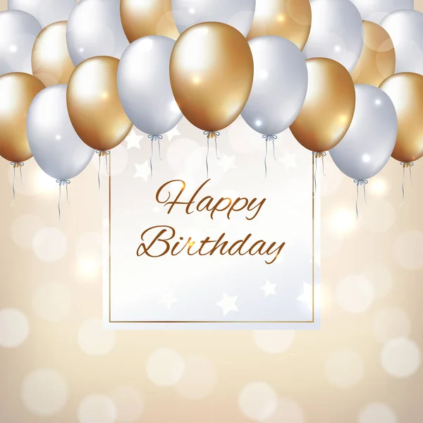 stock vector Happy birthday card with golden and white balloons. Holiday party background with frame for text. Gold and pearl balloons on a light golden background. Vector greeting card