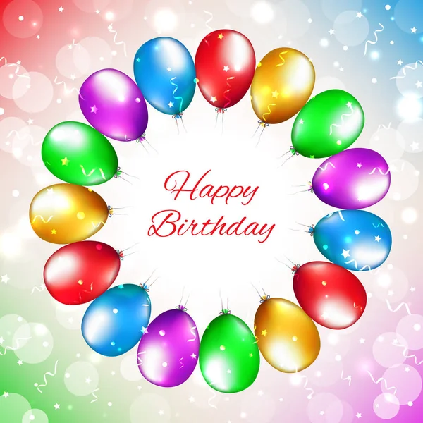 Tarjeta de cumpleaños feliz con lugar para el texto. Decoración de globos. Fondo fiesta de vacaciones con globos de colores. Globos multicolores sobre un fondo bokeh claro. Tarjeta de felicitación vectorial — Vector de stock