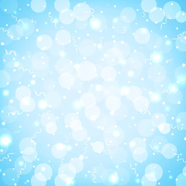 Fête festive fond bleu avec confettis, bokeh et serpentine. Fond de vacances pastel bleu doux avec des étincelles. Carte de vœux vectorielle — Image vectorielle