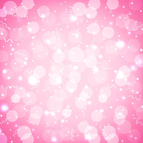 Fiesta festiva de fondo rosa con confeti, bokeh y serpentina. Fondo suave pastel rosa con destellos. Tarjeta de felicitación vectorial — Vector de stock