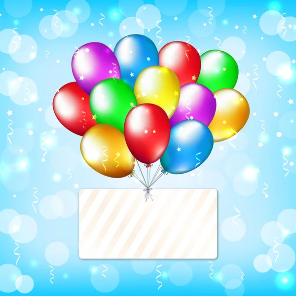 Party background with colorful balloons and label. Happy birthday card with place for text. Multicolor balloons with light label on a bokeh blue background. Vector greeting card