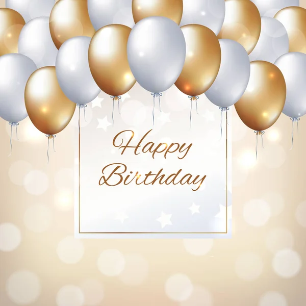 Happy birthday card with golden and white balloons. Holiday party background with frame for text. Gold and pearl balloons on a light golden background. Vector greeting card — Stock Vector