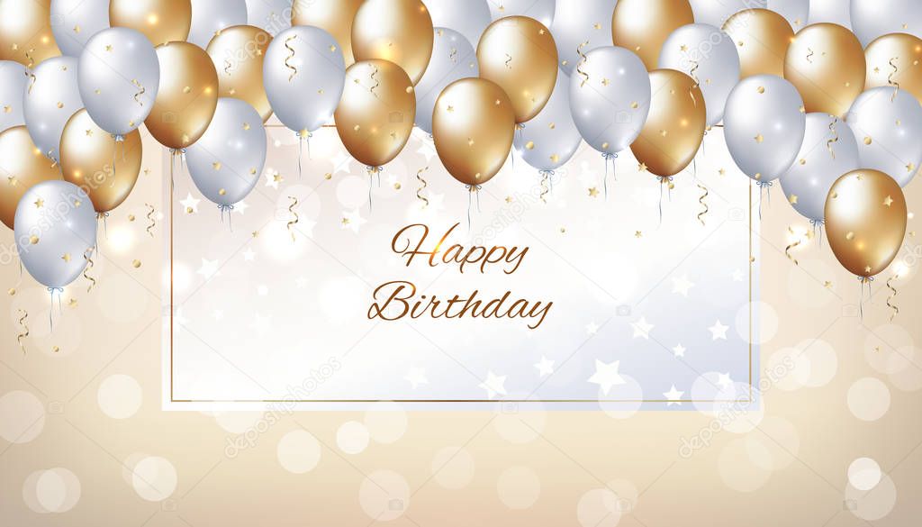 Happy birthday card with golden and white balloons. Holiday party background with frame for text. Gold and pearl balloons on a light golden background. Vector greeting card