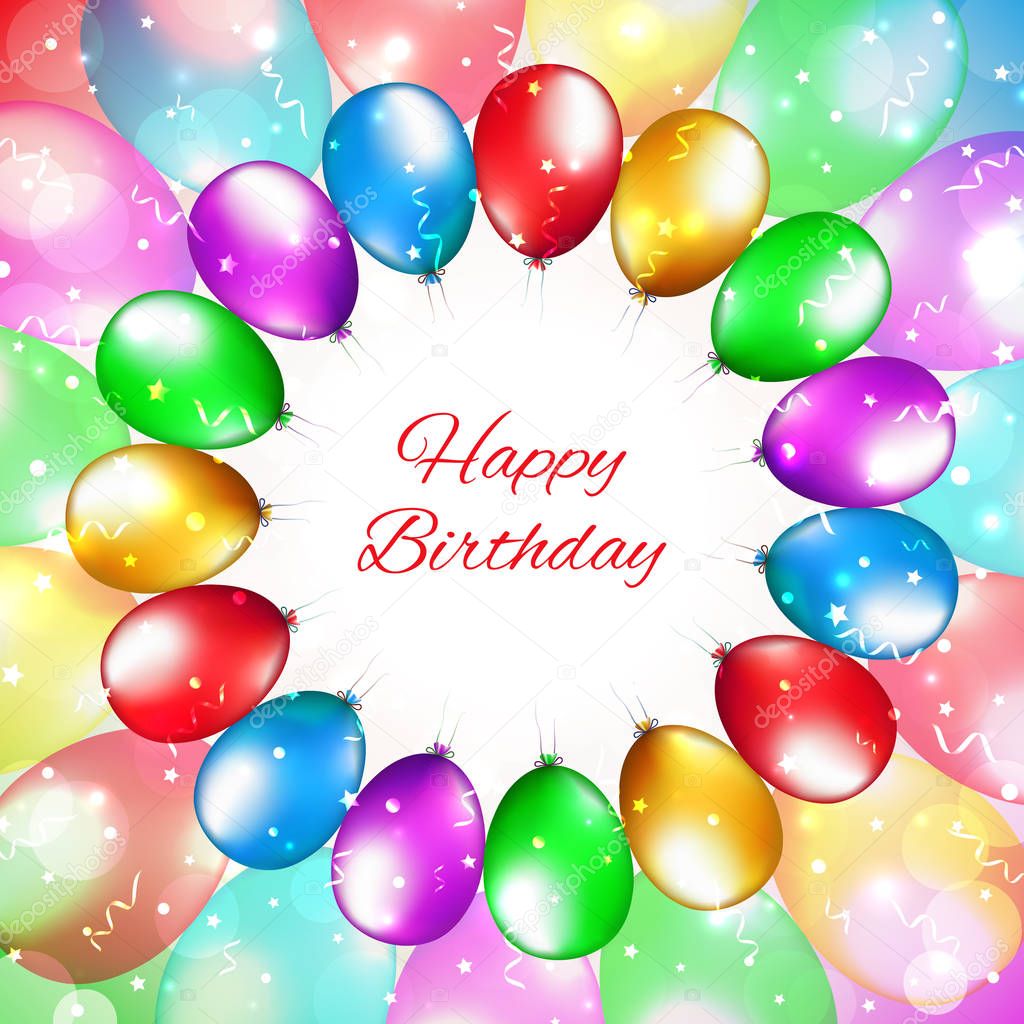 Happy birthday card with place for text. Balloon decoration. Holiday party background with colorful balloons. Multicolor balloons on a light bokeh background. Vector greeting card