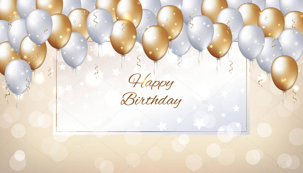 Holiday party background with golden and white balloons. Gold and pearl balloons on a light golden background. Happy birthday card with frame for text. Vector greeting card