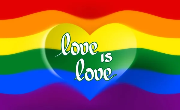 Gökkuşağı bayrağı bir kalp şekli ile gurur lgbt ve lgbtq sembolü ve metin aşk aşktır. Gay lezbiyen transseksüel gökkuşağı dalga arka plan bulanık. Geçit töreni için çok renkli gay bayrağı, vektör — Stok Vektör