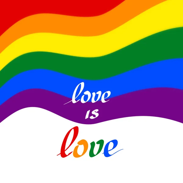 LGBT concept - rainbow pride flag lgbtq with the text love is love. Wavy rainbow background with sparkles and stars. Multicolor transgender gay lesbians vector poster — Stock Vector