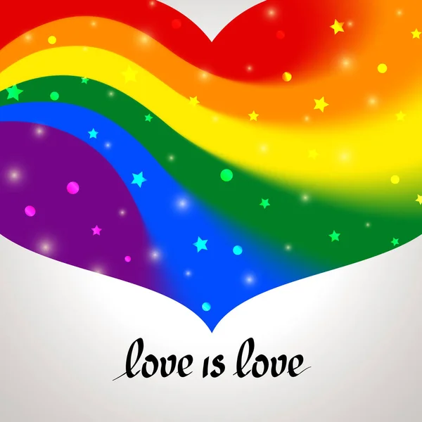 LGBT kavramı - lgbtq bayrak renkleri kalp şekli ile metin aşk aşktır. Parıltılar ve yıldızlar ile bulanık dalgalı gökkuşağı arka plan. Çok renkli transseksüel gay lezbiyenler vektör posteri — Stok Vektör