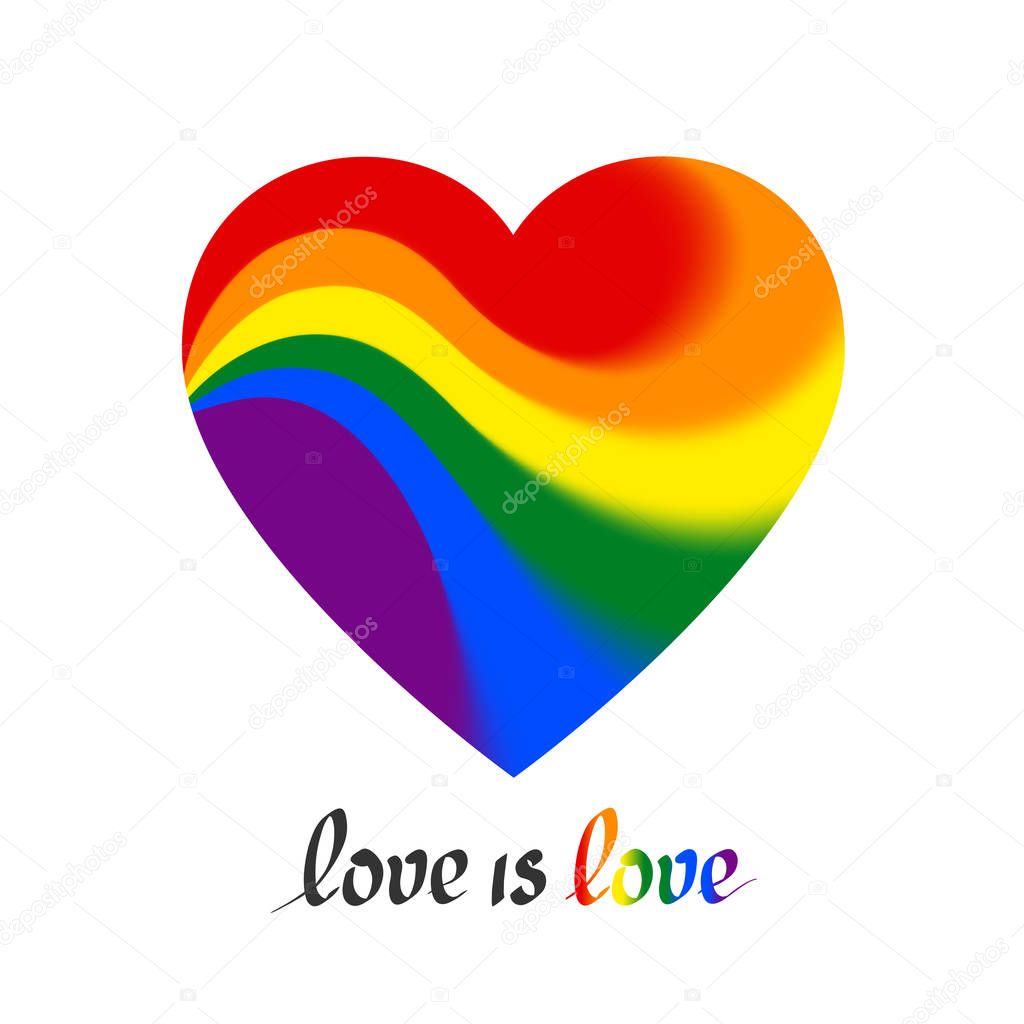 LGBT concept - heart shape in lgbtq flag colors with the text love is love. Icon of love transgender gay lesbians with blurred wavy rainbow. Multicolor vector symbol 