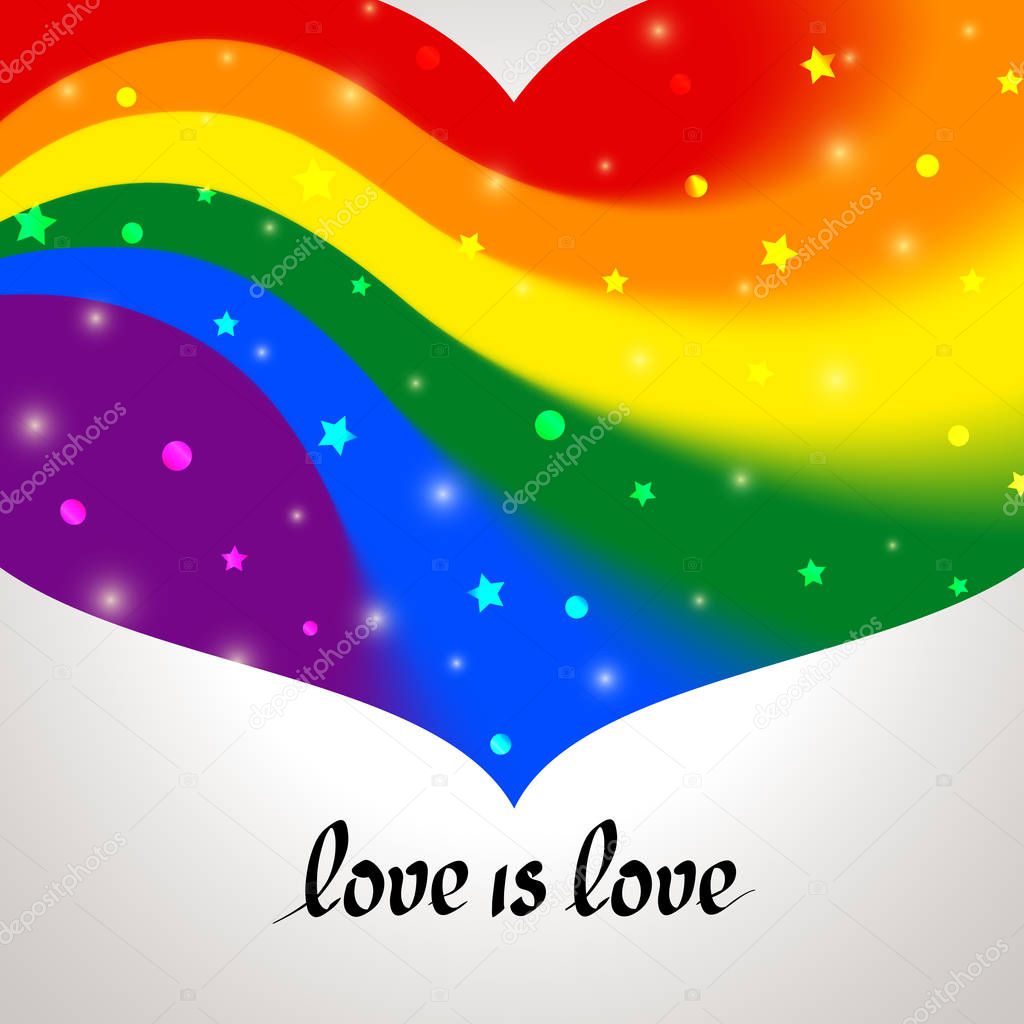 LGBT concept - heart shape in lgbtq flag colors with the text love is love. blurred wavy rainbow background with sparkles and stars. Multicolor transgender gay lesbians vector poster