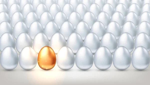 Exkluzivní zlaté vajíčko v davu obyčejných bílých vajíček, pojetí tvořivosti, exkluzivity, úspěchu. Jasná individualita, jedinečná úspěšná osoba. Vektorová ilustrace — Stockový vektor