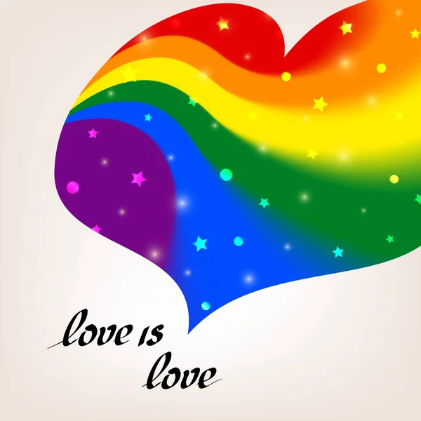 LGBT kavramı - lgbtq bayrak renkleri kalp şekli ile metin aşk aşktır. Parıltılar ve yıldızlar ile bulanık dalgalı gökkuşağı arka plan. Çok renkli transseksüel gay lezbiyenler vektör posteri — Stok Vektör