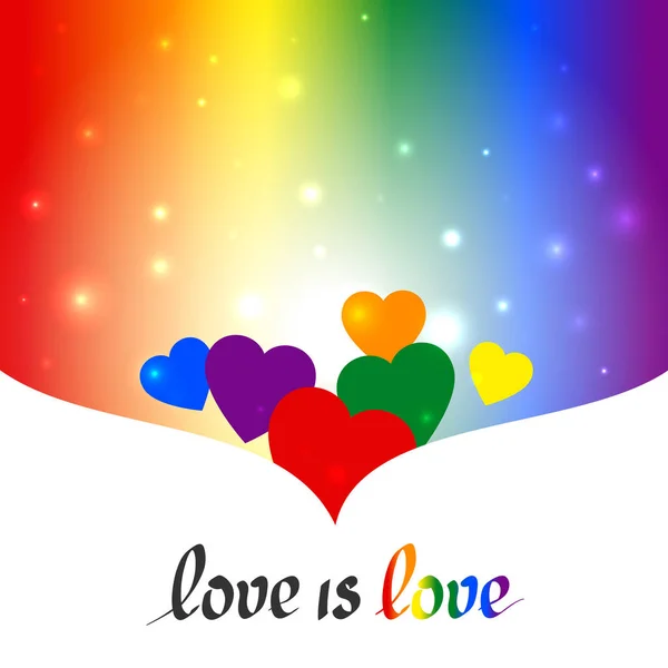 Concepto LGBT - forma de corazón en colores bandera lgbtq con el texto amor es amor. Fondo de arco iris borroso con destellos. Multicolor transgénero gay lesbianas vector cartel — Vector de stock