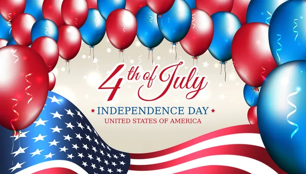 Banner 4 Temmuz ABD Bağımsızlık günü, vektör şablon Amerikan bayrağı ve mavi parlayan yıldızlı arka planda renkli balonlar ile. 4 Temmuz, ABD ulusal tatili — Stok Vektör