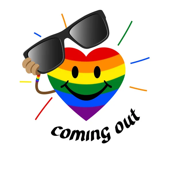 Coming out LGBT sign - heart shape in the colors of the rainbow flag LGBTQ removes sunglasses. Symbol recognition of being gay, lesbian, transgender. Coming out icon - rainbow heart smiles