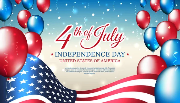 Bandiera 4 luglio USA indipendenza giorno, modello vettoriale con bandiera americana e palloncini colorati su sfondo blu brillante stellato. 4 luglio, festa nazionale USA — Vettoriale Stock