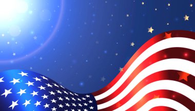 Ulusal ABD bayrağı arka planda yıldızlarla parlayan gökyüzü. ABD ulusal tatili. Amerikan Bağımsızlık günü, gaziler veya anma günü için Vektör arka plan. Şablon tasarım öğesi