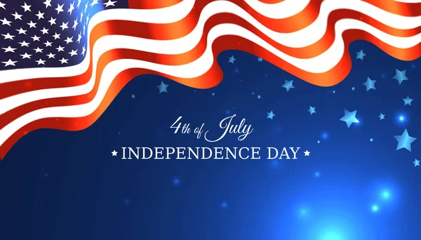Banner 4 de julho EUA independência dia, modelo de vetor com bandeira americana em azul brilhante fundo estrelado. Quatro de julho, feriado nacional dos EUA — Vetor de Stock
